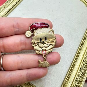 Vintage Santa Paws Brooch Cat Christmas Pin Feline Santa Claus Jewelry